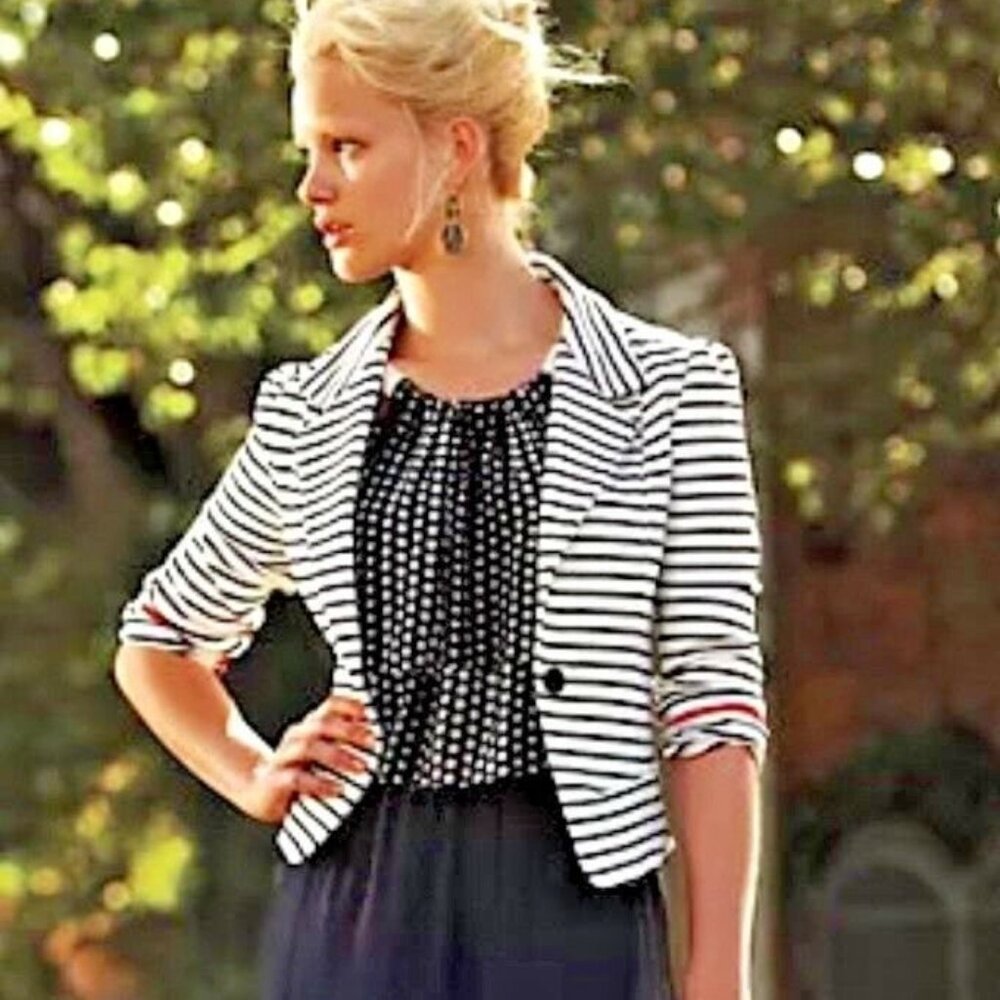 ANTHROPOLOGIE Spinnaker Blazer Striped Ivory Black Knit Jacket by CARTONNIER